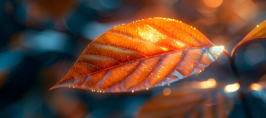 Wall Mural - A macro shot of a leaf with a 3D holographic object hovering just above, illuminated by soft sunlight