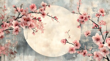 Wall Mural - Delicate Pink Cherry Blossoms on a Grunge Background with a Round Element