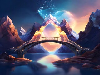 Create a surreal digital image of a bridge made of light, connecting two floating mountains.
