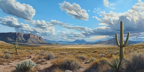 Wall Mural - Desolate Cactus Flats and Stratigraphic Canyon Landscape