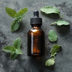 Flat lay of nettle oil in a dark bottle with fresh leaves on a grey background, ample room for text.  