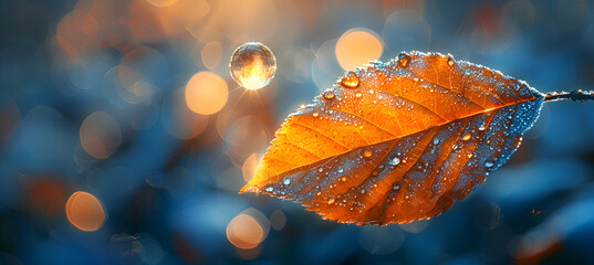 A macro shot of a leaf with a 3D holographic object hovering just above, illuminated by soft sunlight