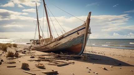 A view of the ruins of a wooden sailing boat in the old harbour. Neural network ai generated art