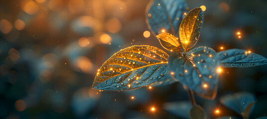A macro shot of a leaf with a 3D holographic object hovering just above, illuminated by soft sunlight
