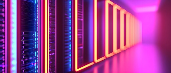 A futuristic data center with servers cooled by liquid cooling systems, glowing with neon lights