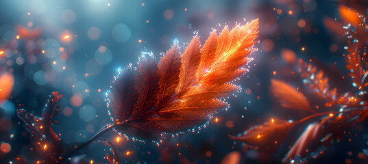 A macro shot of a leaf with a 3D holographic object hovering just above, illuminated by soft sunlight