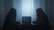 © Wanchai - In a dim room, a laptop’s glow reveals cascading code. Two shadowy figures in hoodies stand beside it, the tense scene highlighting the convergence of technology and mystery.