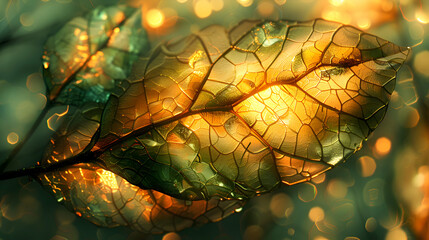 Wall Mural - A macro shot of a plant leaf with a reflective 3D geometric shape partially obscured by natural elements