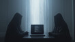 © Wanchai - In a dim room, a laptop’s glow reveals cascading code. Two shadowy figures in hoodies stand beside it, the tense scene highlighting the convergence of technology and mystery.