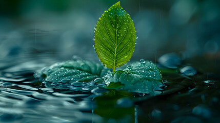 Wall Mural - A macro shot of a raindrop-covered leaf with a 3D holographic object floating just above