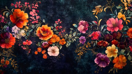 Wall Mural - Watercolor Painting of Vibrant Flowers on a Dark Background