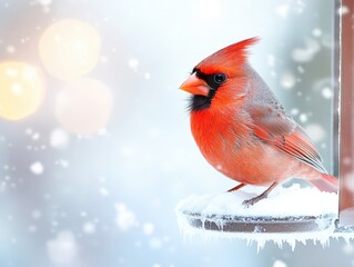 Wall Mural - A vibrant cardinal perched on a snowy feeder during a winter morning light