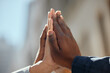 © Flashizzle/peopleimages.com - Hands, support and synergy with teamwork, high five and partnership in outdoor for law firm in USA. Group of people, employees and cooperation in collaboration for together, community and celebration