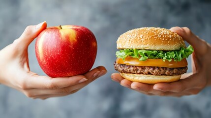 close-up of two hands holding an apple and burger, representing health and junk food choices, on a b