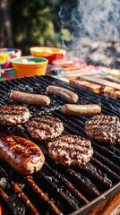 Wall Mural - Close-up of grilled burgers and sausages on a barbecue grill.