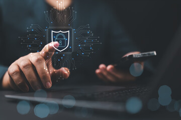 Fototapete - Digital security lock. A person interact with digital security lock icon on virtual interface, representing cybersecurity, data protection, and prevention of unauthorized access. Data vulnerability,
