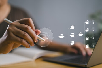 Fototapete - IT staff working with Document Management System (DMS), online documentation database and process automation to efficiently manage files, Corporate business technology.