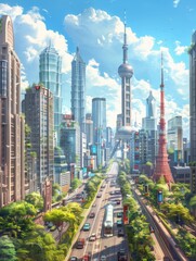 Wall Mural - A cityscape with a tall building in the middle and a red