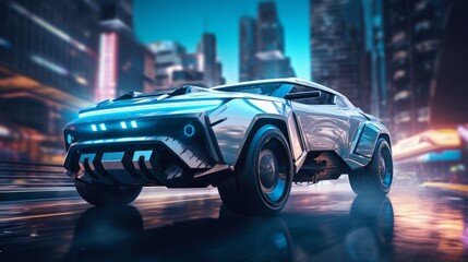 Wall Mural - Futuristic SUV car in fictional neon city. Neural network ai generated art