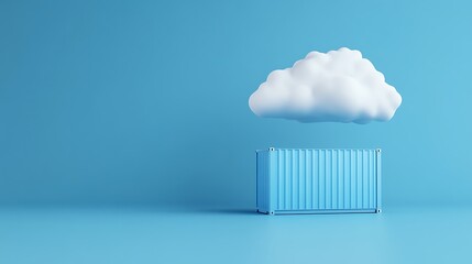 Minimalist image of a cargo container set against blue with a cloud floating above, representing shipping and storage concepts.