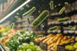 © ChaoticMind - Green bacteria floating in a grocery store's produce section, emphasizing the unseen hygiene risks and the importance of cleanliness in food retail environments.