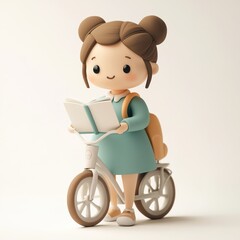 3d illustration of a cute girl reading a book while riding a bicycle