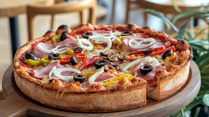 Chicago-style deep-dish Supreme pizza with olives, peppers, ham, onions, and melted cheese, capturing the essence of comfort food and casual dining. 