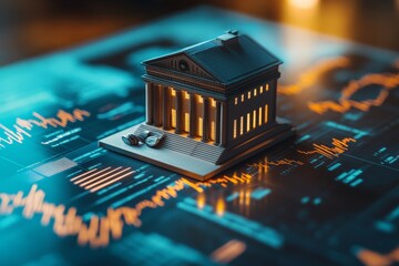 A classic model of a bank building illuminated with vibrant financial visuals and data charts, emphasizing the blend of traditional banking and digital data in finance.