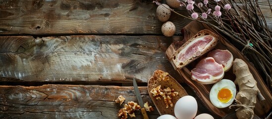 Sticker - pork eggs a slice of bread and horseradish with catkin twigs on a rustic wooden table. Copy space image. Place for adding text and design