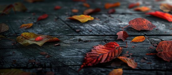 Wall Mural - Autumn leaves on a wooden surface with copy space