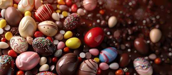 Wall Mural - Festive Easter backdrop featuring chocolate eggs and candies. Copy space image. Place for adding text and design