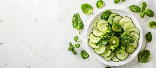 Wall Mural - Sliced green fruits and vegetables arranged on a white plate Green diet food on white surfaces Healthy nutrition Top view Copy space