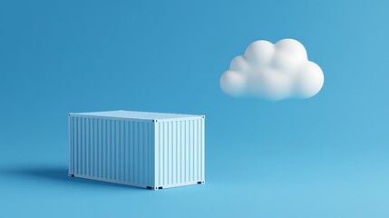 Wall Mural - Minimalistic image of a shipping container and a cloud against a blue background, representing transport and technology concepts.