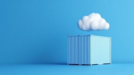 Wall Mural - Minimalistic image of a shipping container below a cloud on a blue background, representing cloud computing and data storage concepts.