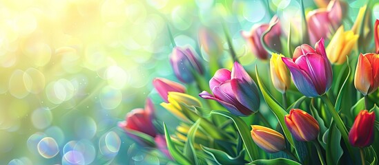 Canvas Print - Beautiful scene of vibrant spring blooming tulip flowers in the garden Spring themed wallpaper Background for flower greeting cards Soft selective focus. Copy space image