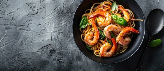 Wall Mural - Stir fry noodles with vegetables and shrimp in a black bowl Slate background Top view Copy space