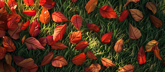 Sticker - leaves that have fallen on grass. Copy space image. Place for adding text and design