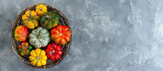 Canvas Print - Attractive top view of various colorful pumpkins in a basket on a grey concrete background with copyspace