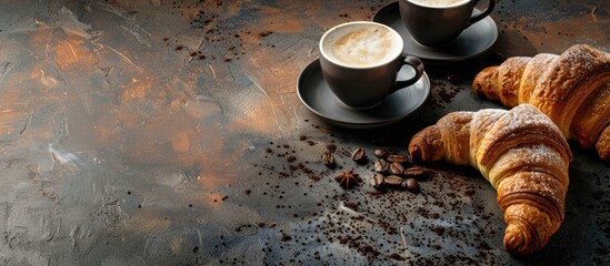 Coffee and croissants on a stone surface with copyspace