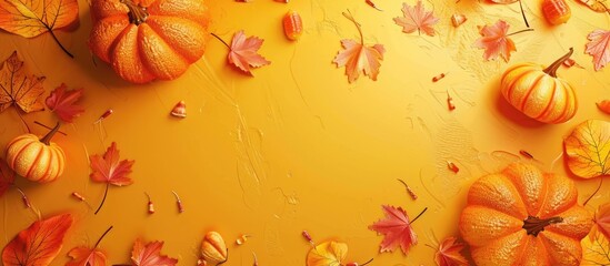 Poster - Pumpkins and maple leaves set against a yellow background Autumn Halloween Thanksgiving theme Flat lay top view. Copy space image. Place for adding text and design