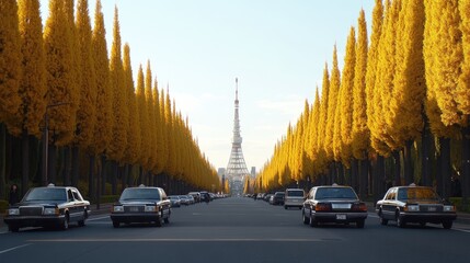 Ginkgo trees adorned with vibrant yellow leaves line the wide asphalt road in downtown Tokyo as couples stroll and cars are parked on both sides under a clear blue sky