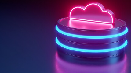 Neon cloud server icon glowing in the dark, representing futuristic cloud computing technology and digital data storage concepts.