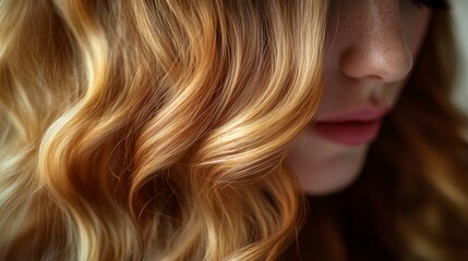 Wall Mural - A young woman tilts her head slightly, showcasing her beautifully styled wavy hair glistening in soft light.