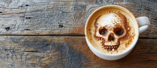 Close up of a white cup of cappuccino on a weathered brown wooden table featuring foam shaped like a human skull symbolizing art related to poison and health dangers top view with copy space for desig