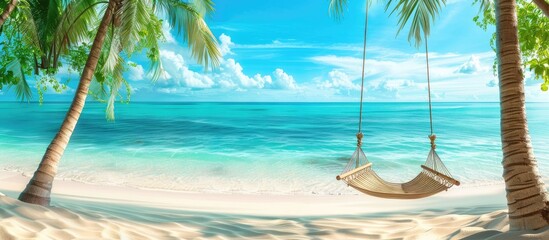 Poster - Tropical beach panorama representing a summer landscape featuring a beach swing or hammock white sand and a calm sea for a beach banner Ideal scene for a vacation and summer holiday concept Enhanced