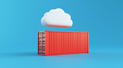 Wall Mural - Red shipping container under white cloud on blue background, representing cloud computing and data storage. 3D render illustration.