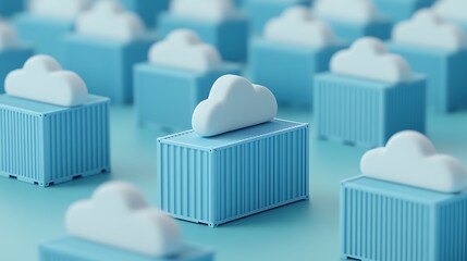 Wall Mural - Rows of blue freight containers with white cloud symbols, representing cloud computing and data storage, arranged in 3D surreal style.