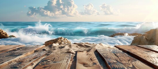 Canvas Print - Wooden table with sand on it set against a backdrop of a wavy sea rocks and a clear sky. Copy space image. Place for adding text and design