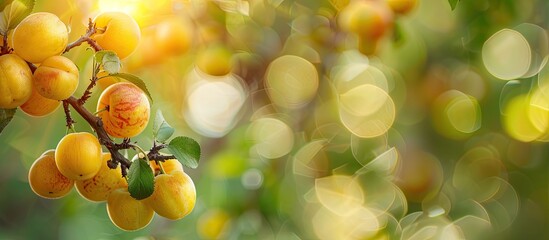 Wall Mural - Ripening yellow plums on a branch captured in close up with selective focus and copy space