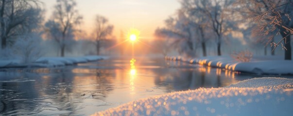 Wall Mural - A snowy landscape with a river and trees in the background